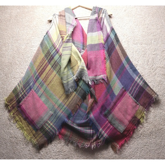 Three Bird Nest Plaid Patchwork Poncho Wrap Scarf Shawl Boho Pocket Festival - Picture 4 of 10